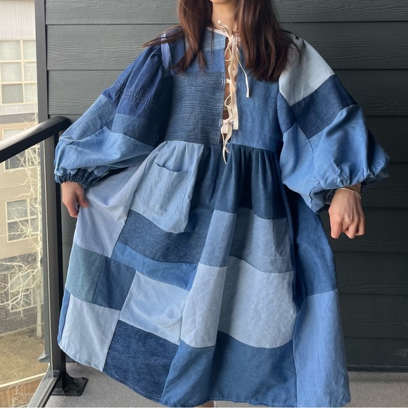 Hand Crafted Dresses & Skirts - Handmade Denim Patchwork Quilted Puff Sleeves Cottage Dress SKU 04117